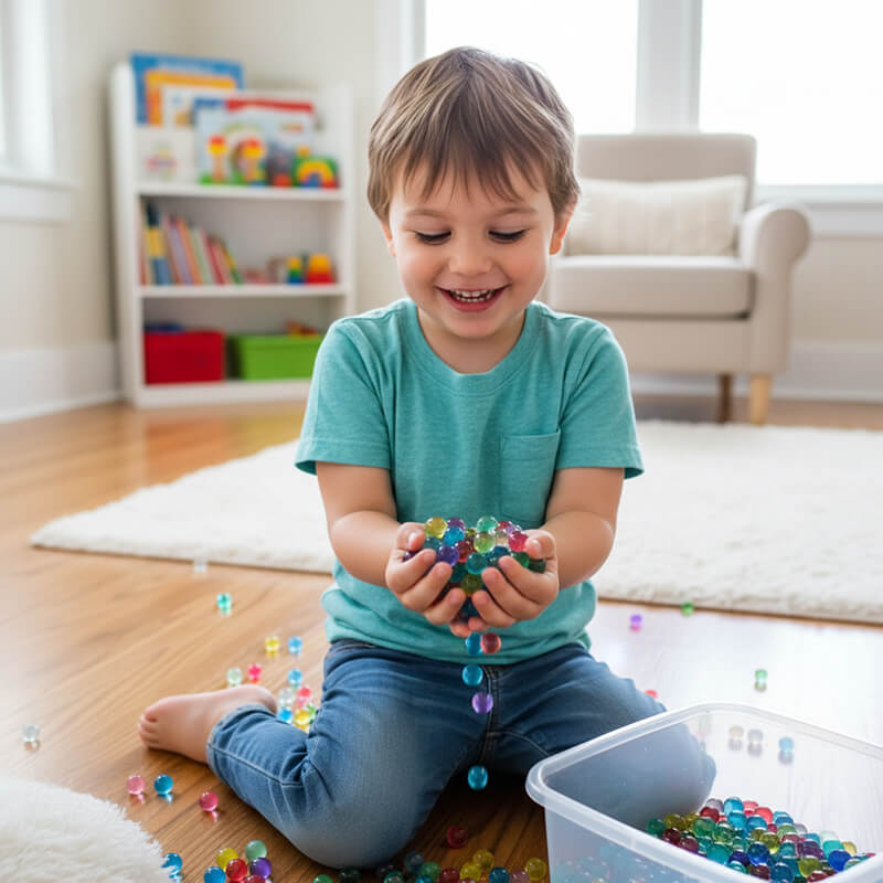 Happy child playing with Orbeez water beads